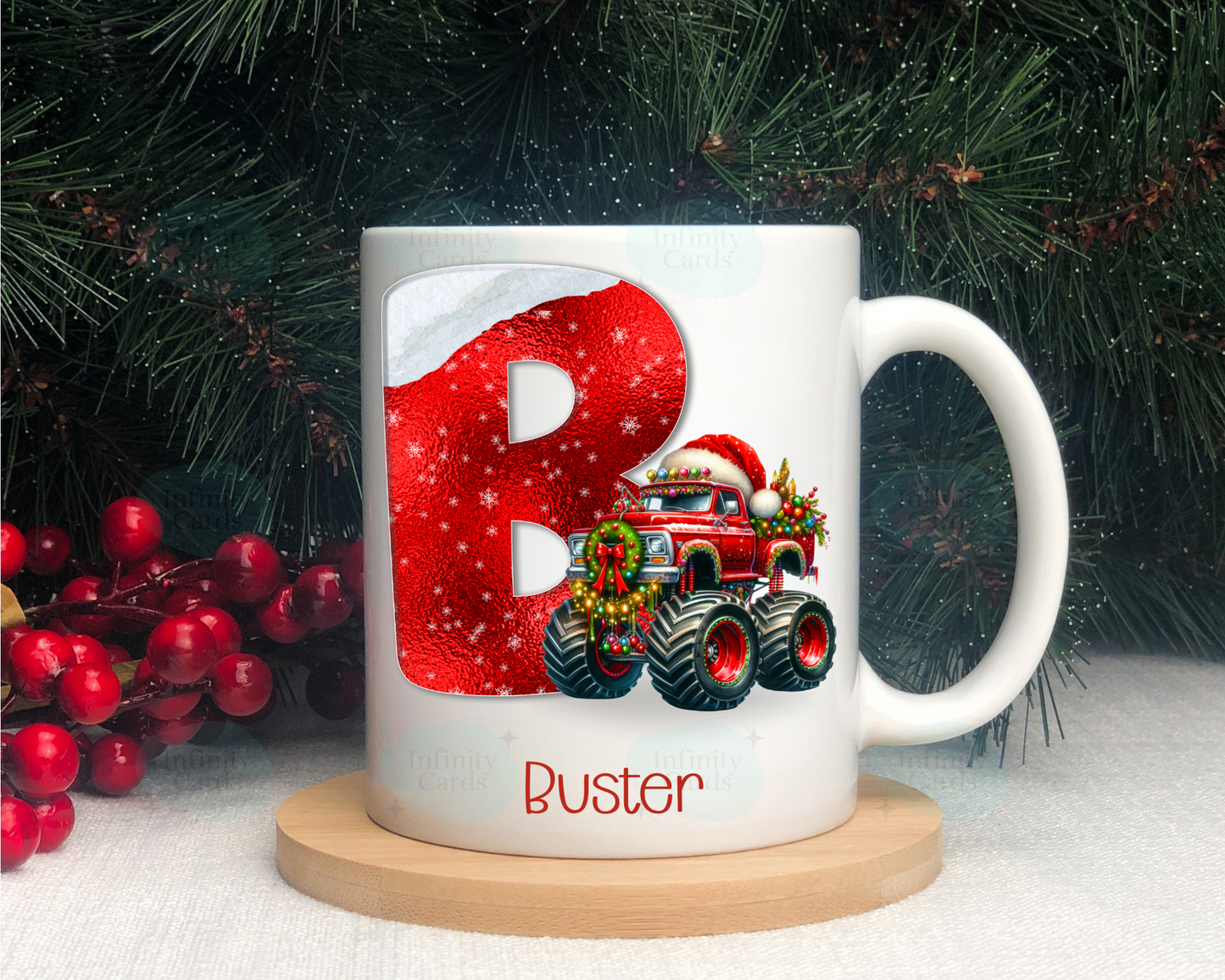 Personalised Monster Truck Christmas Initial Mug