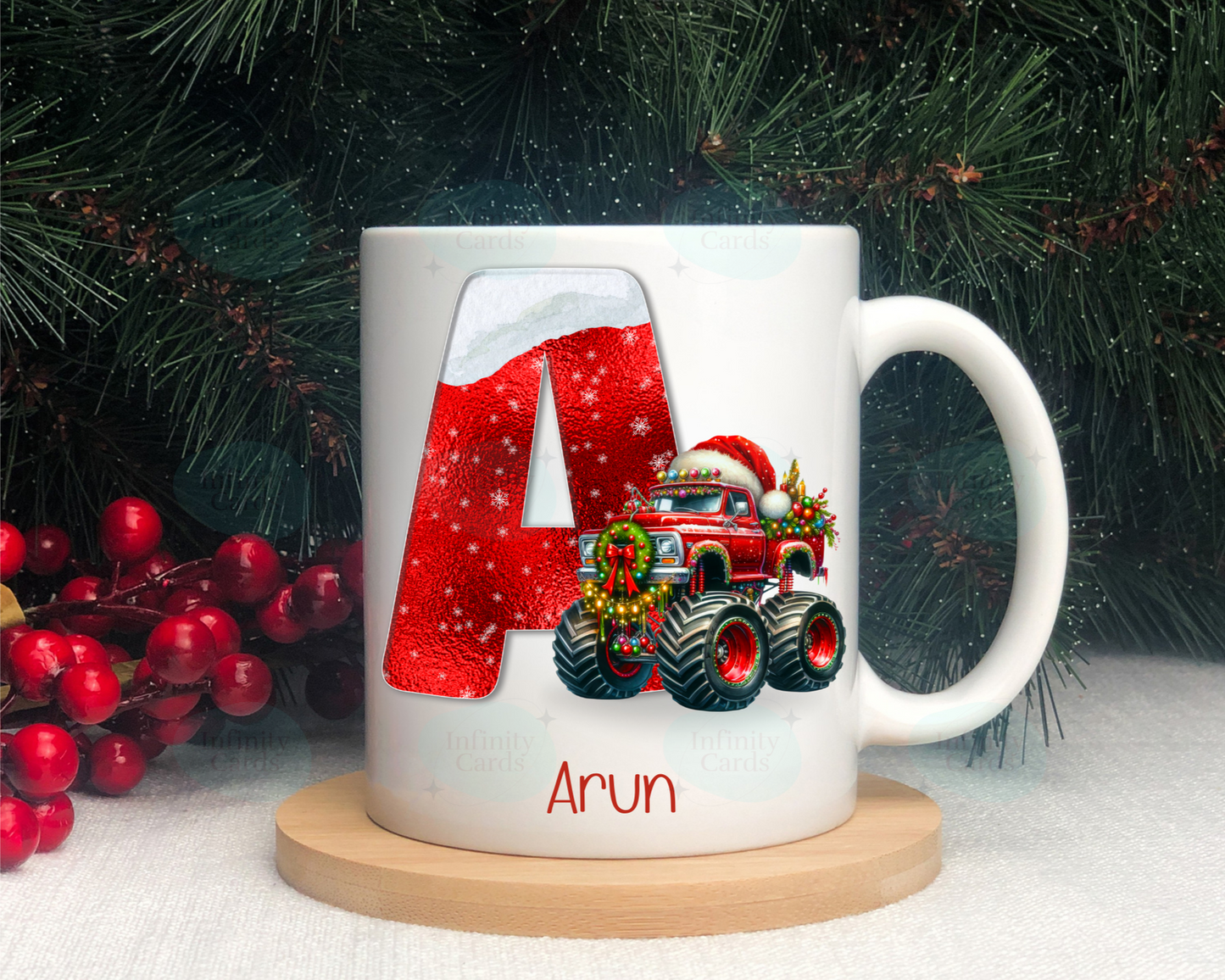 Personalised Monster Truck Christmas Initial Mug