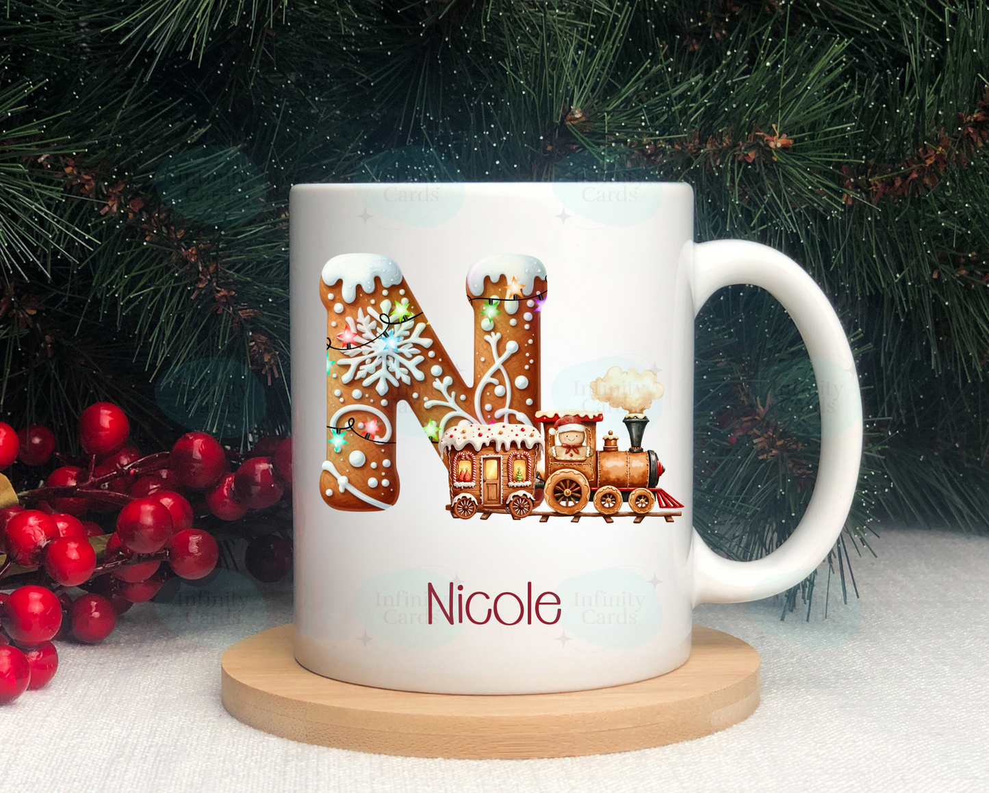 Personalised Gingerbread Train Initial Christmas Mug