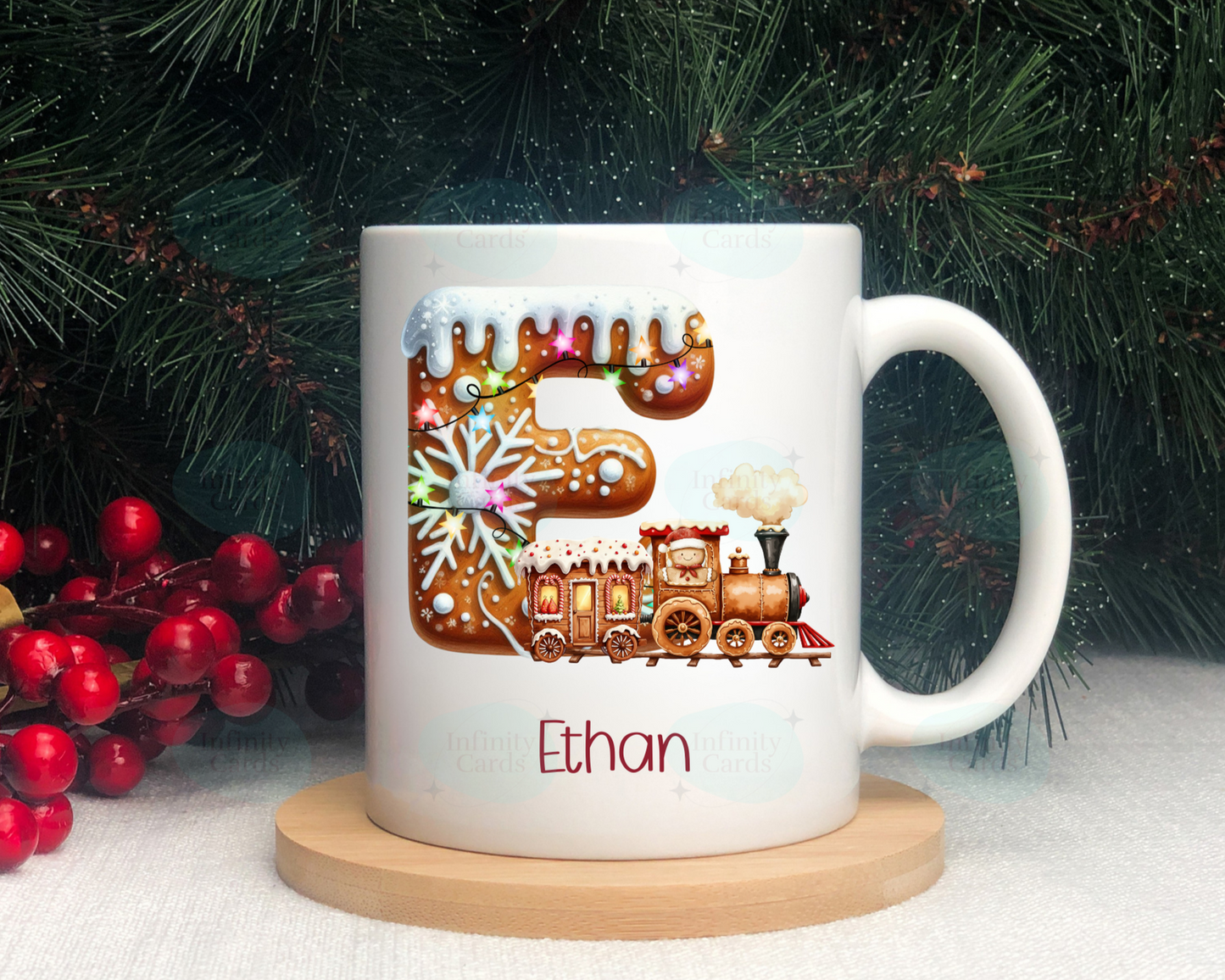 Personalised Gingerbread Train Initial Christmas Mug