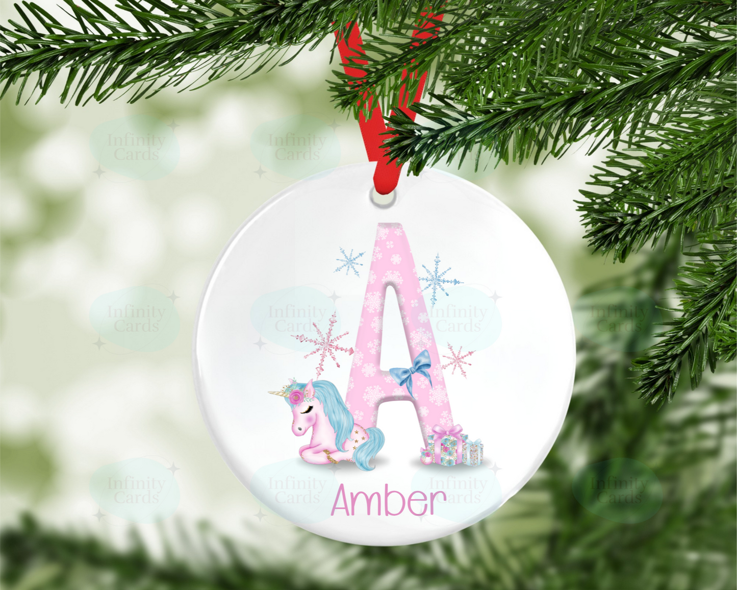 Personalised Pink Unicorn Initial Christmas Bauble