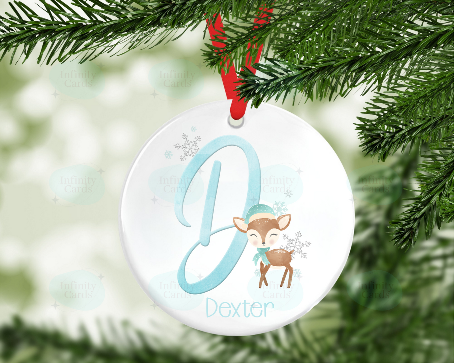 Personalised Blue Initial Reindeer Christmas Bauble