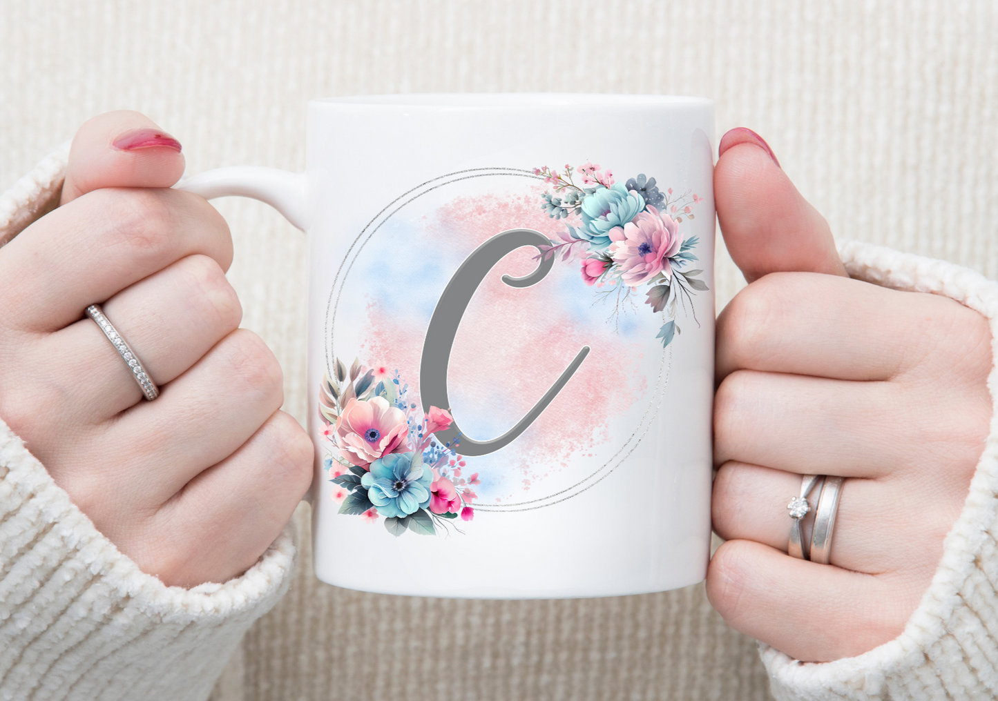 Personalised Pink and Blue Floral Initial Mug