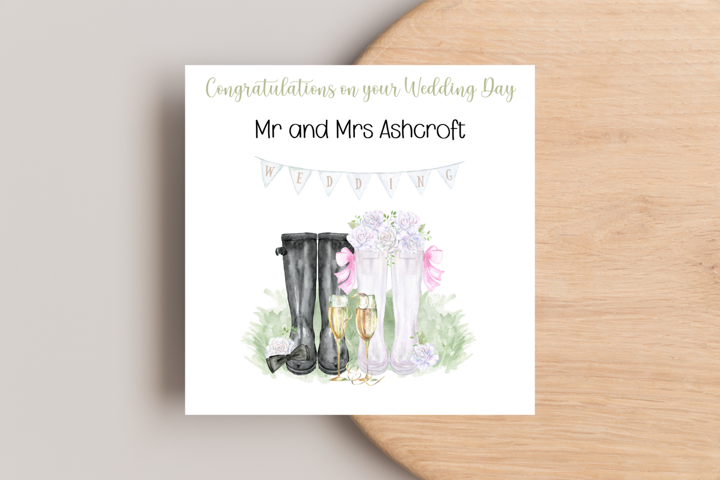 Bride and Groom Welly Boots Personalised wedding day Card