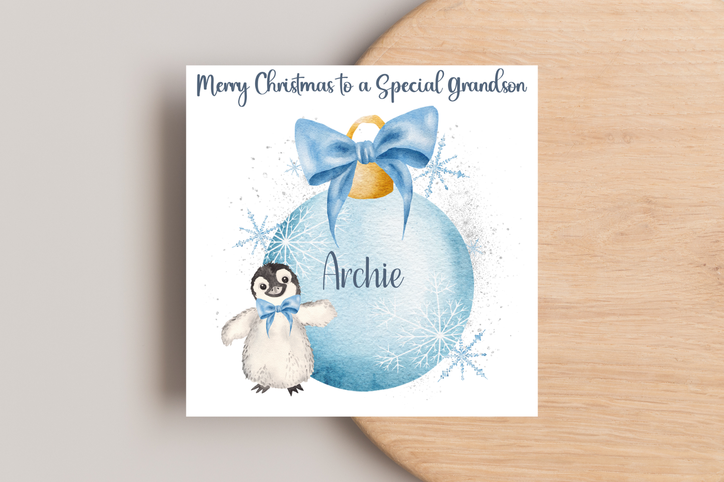 Personalised Penguin Bauble Christmas Card