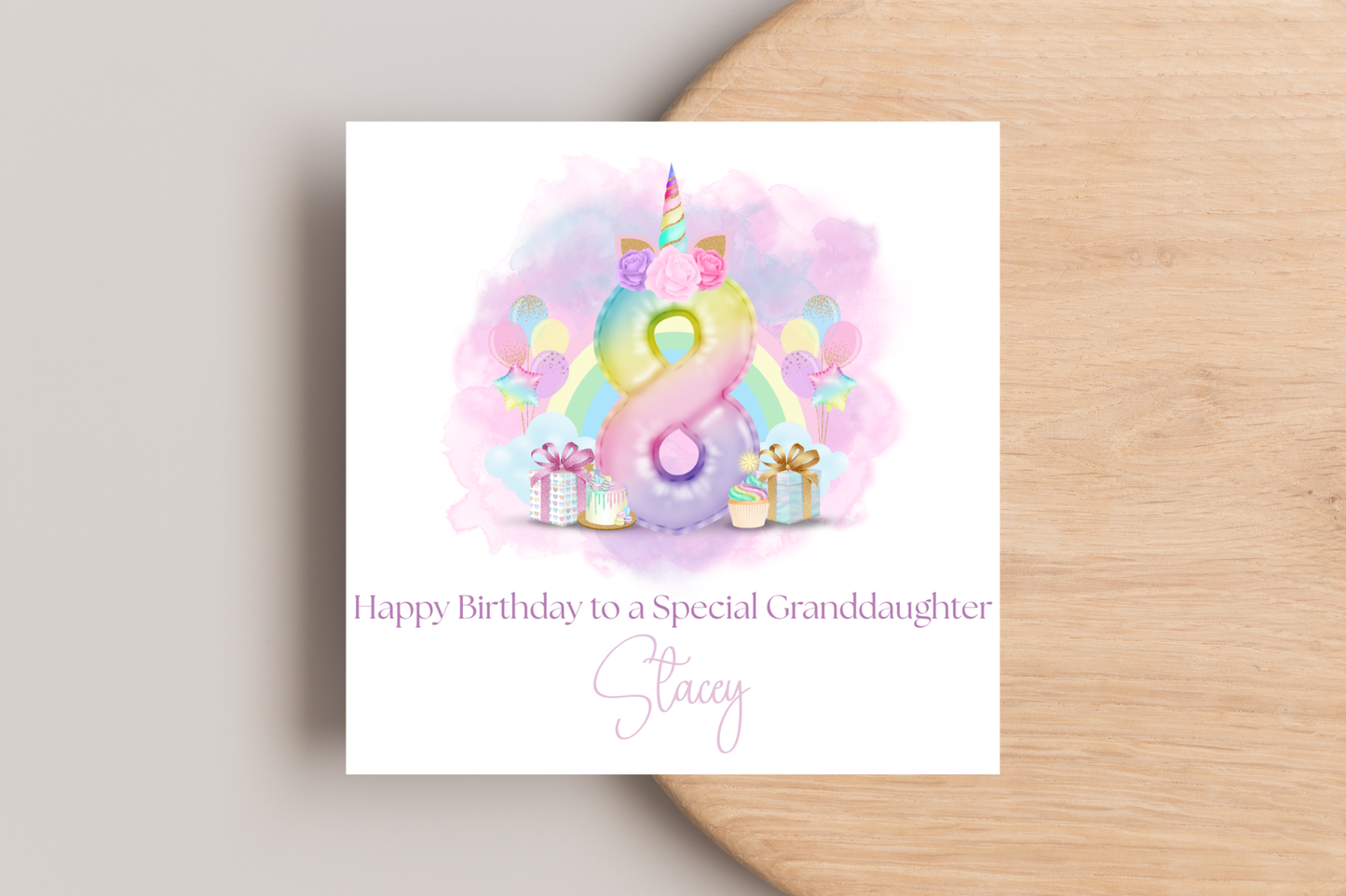 Personalised Unicorn Rainbow Balloons Birthday Card