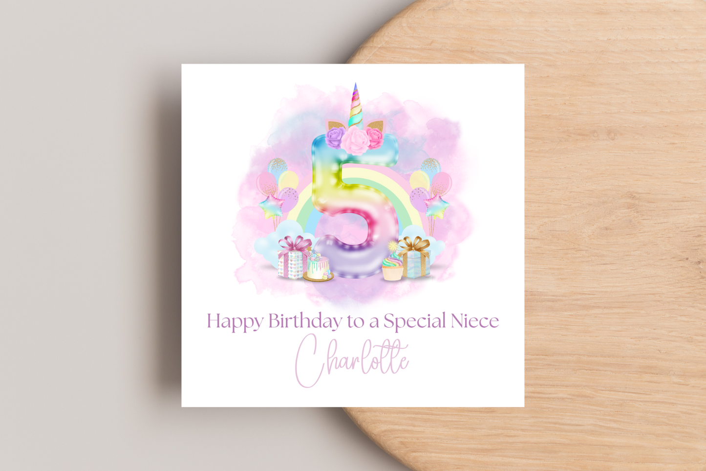 Personalised Unicorn Rainbow Balloons Birthday Card