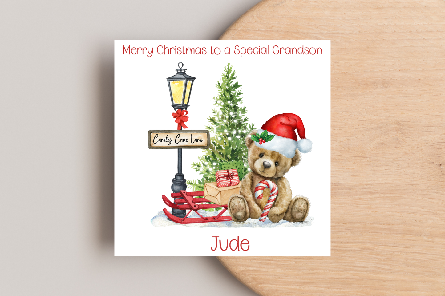 Teddy Bear Christmas Card- Personalise with name and Relationship