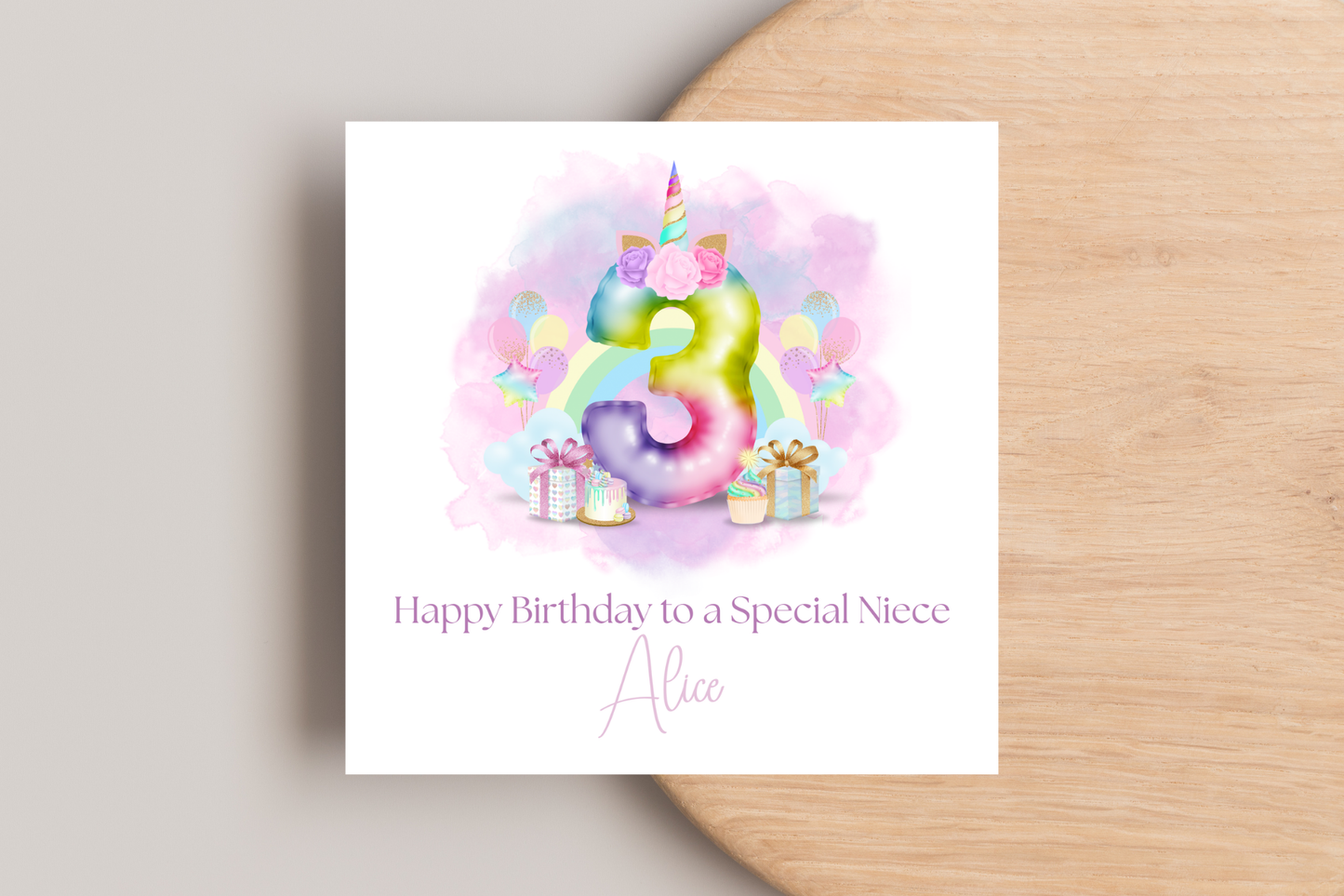 Personalised Unicorn Rainbow Balloons Birthday Card