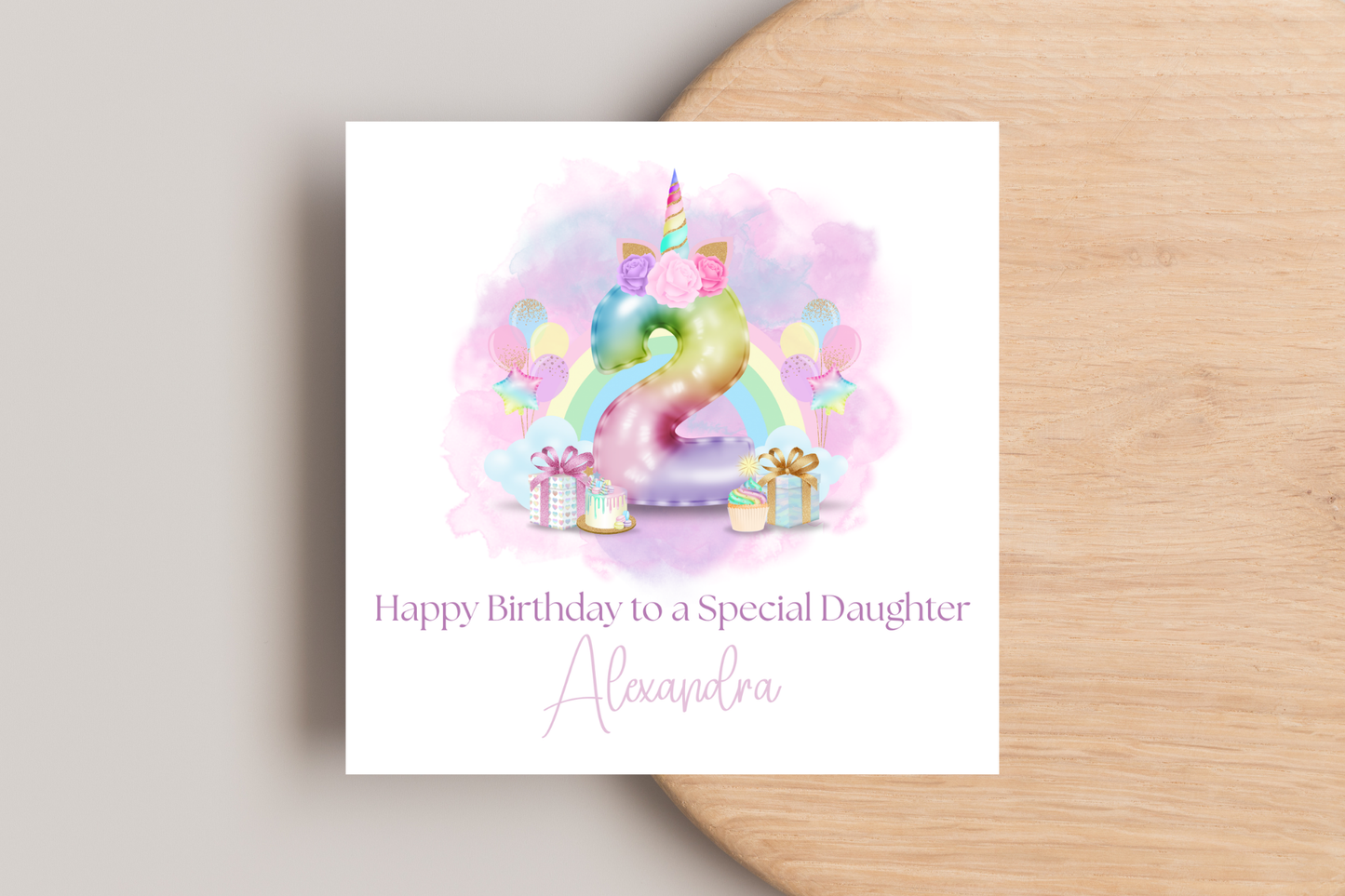 Personalised Unicorn Rainbow Balloons Birthday Card