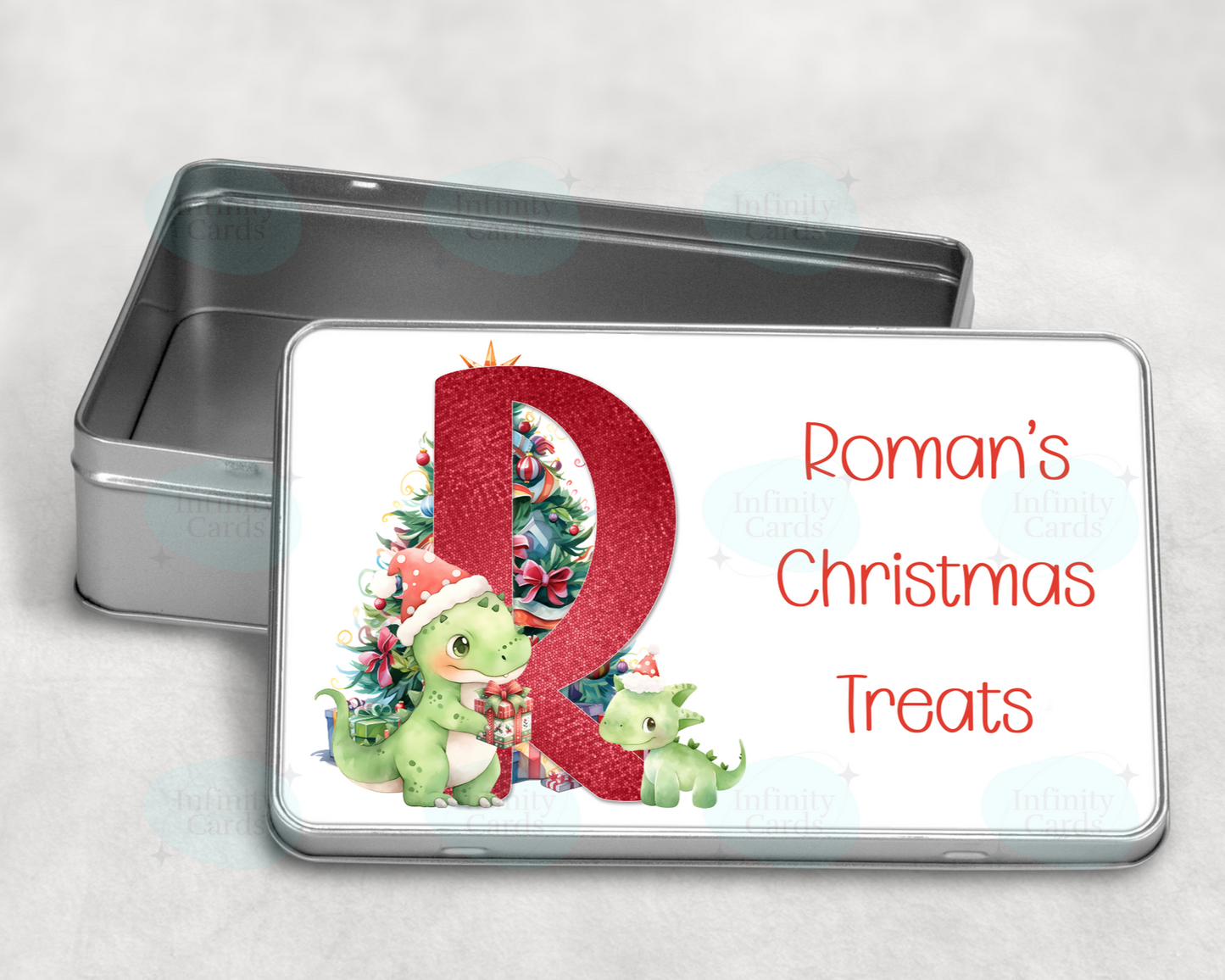 Personalised Dinosaur Initial Christmas Treat Tin
