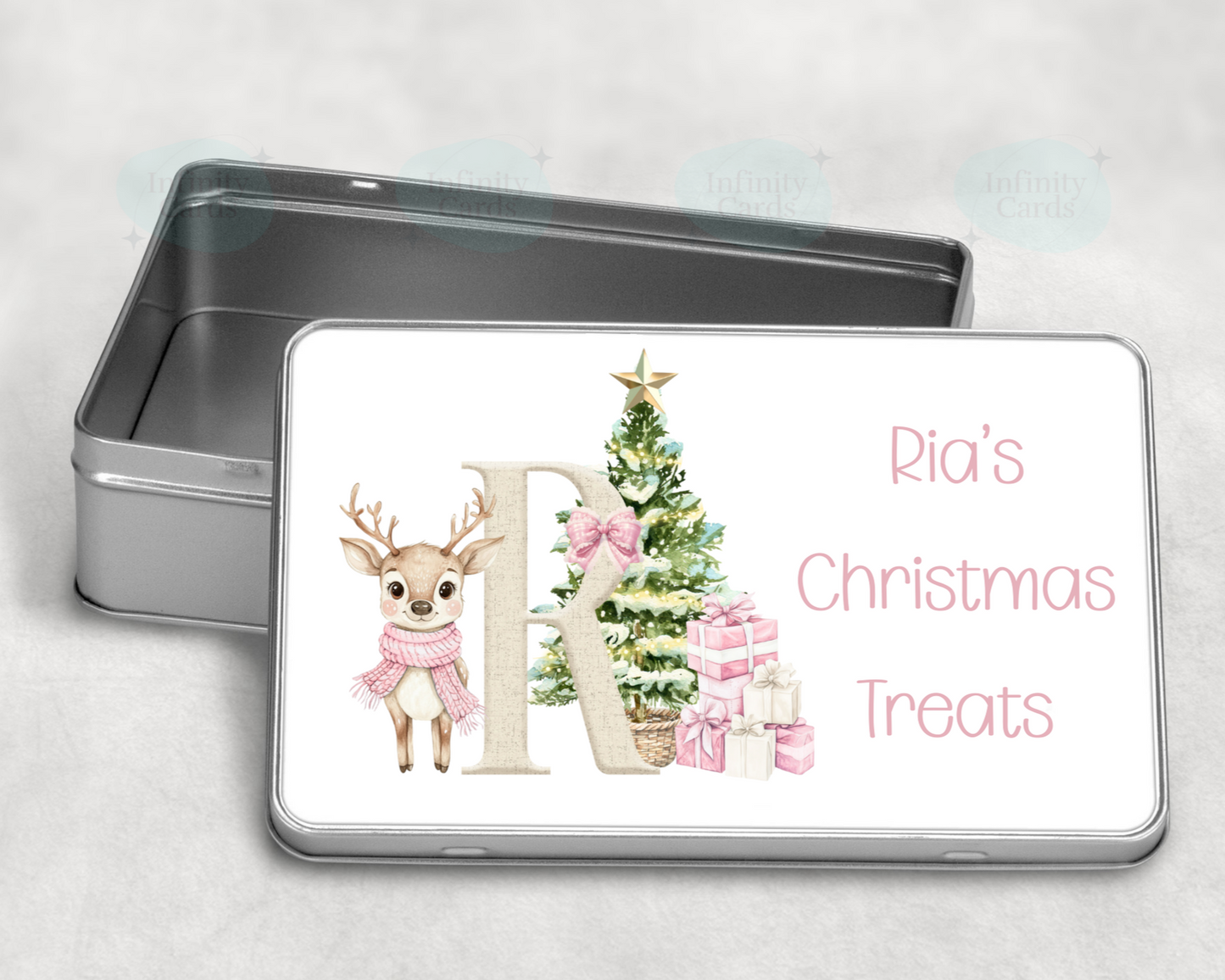 Personalised Reindeer Pink Initial Christmas Treat Tin
