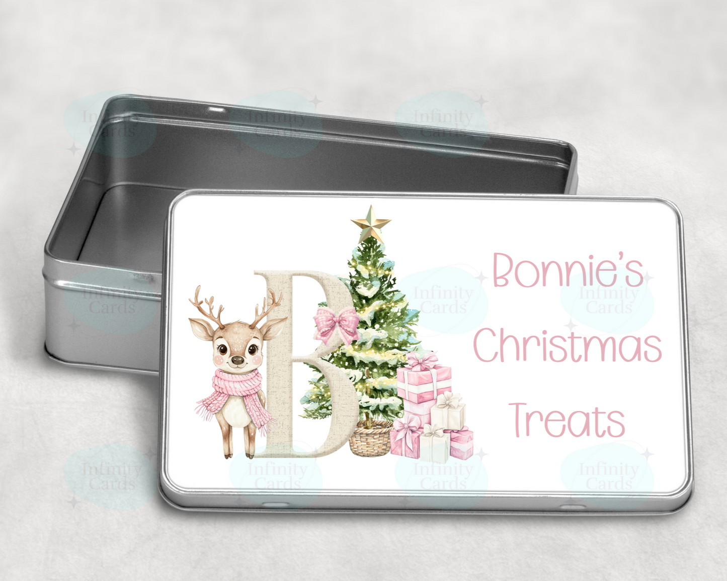 Personalised Reindeer Pink Initial Christmas Treat Tin