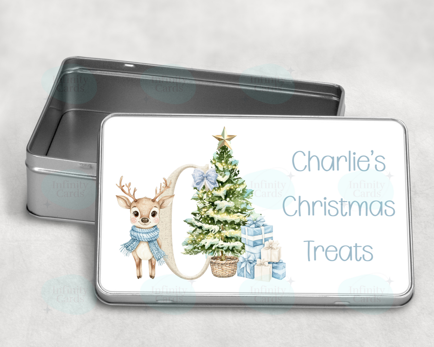 Personalised Reindeer Blue Initial Christmas Treat Tin