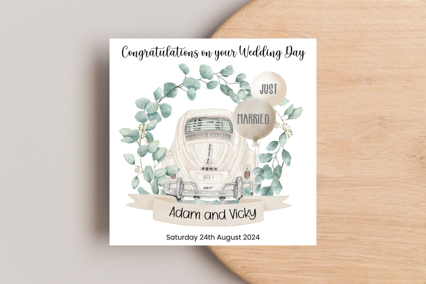 Personalised wedding day Car Just Married Balloons Card