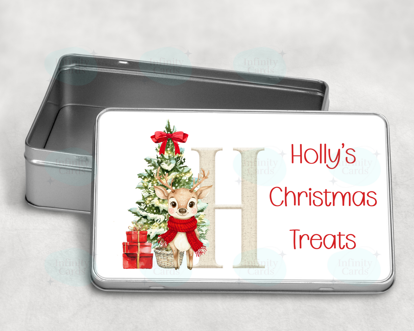 Personalised Reindeer Red Initial Christmas Treat Tin