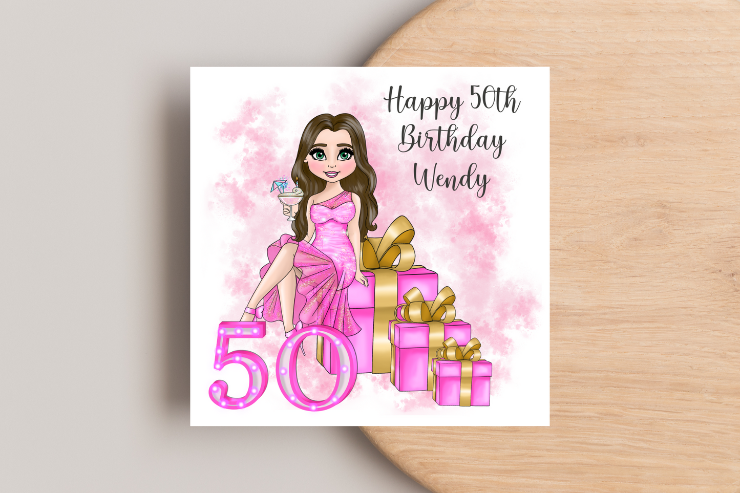 50th Birthday Card Personalised- Lady in Pink Dress Sitting on Glittering Presents