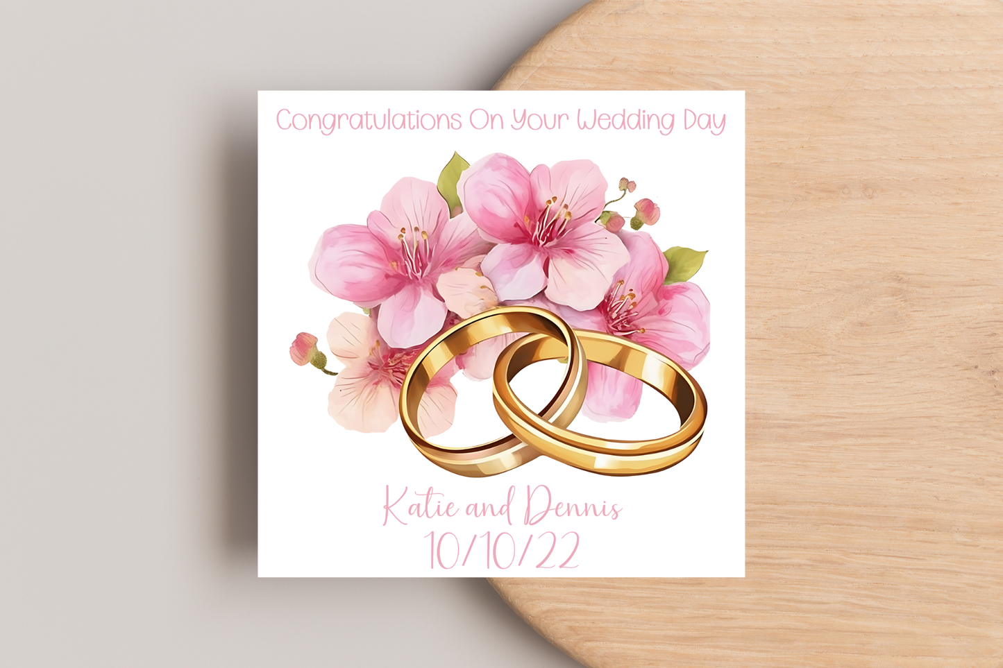 Elegant Personalised Wedding Day Card - Pink Flowers and 2 Gold Rings - Congratulations!