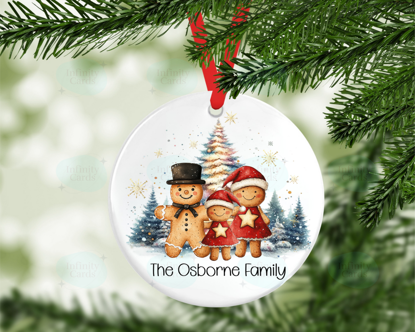 Christmas ornament with Gingerbread family design on a tree