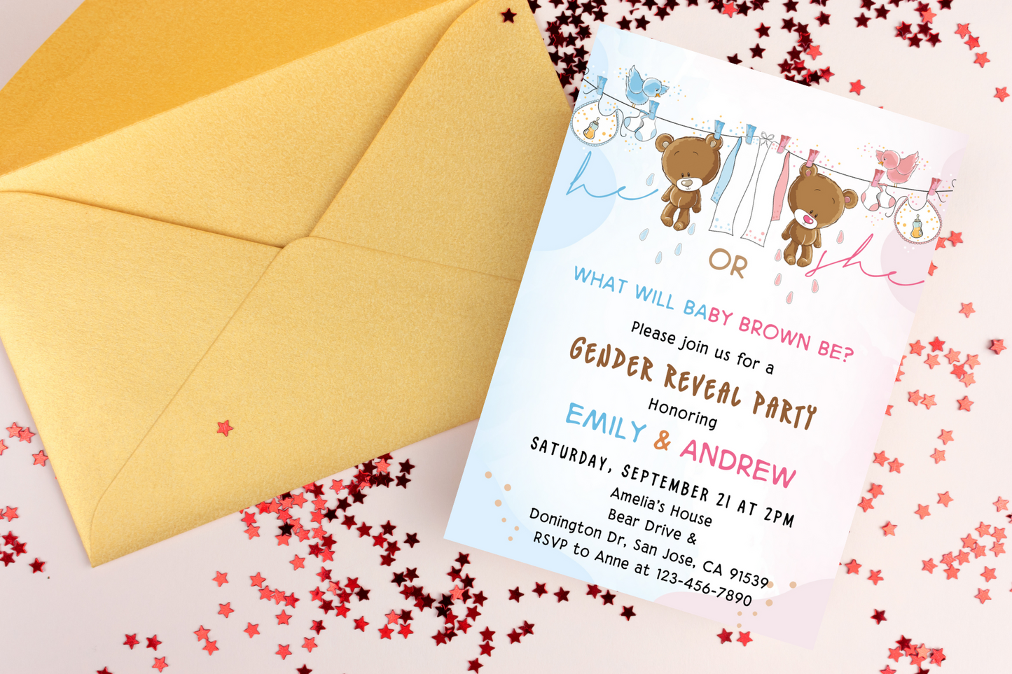 Editable Teddy Bear Gender Reveal Invitation