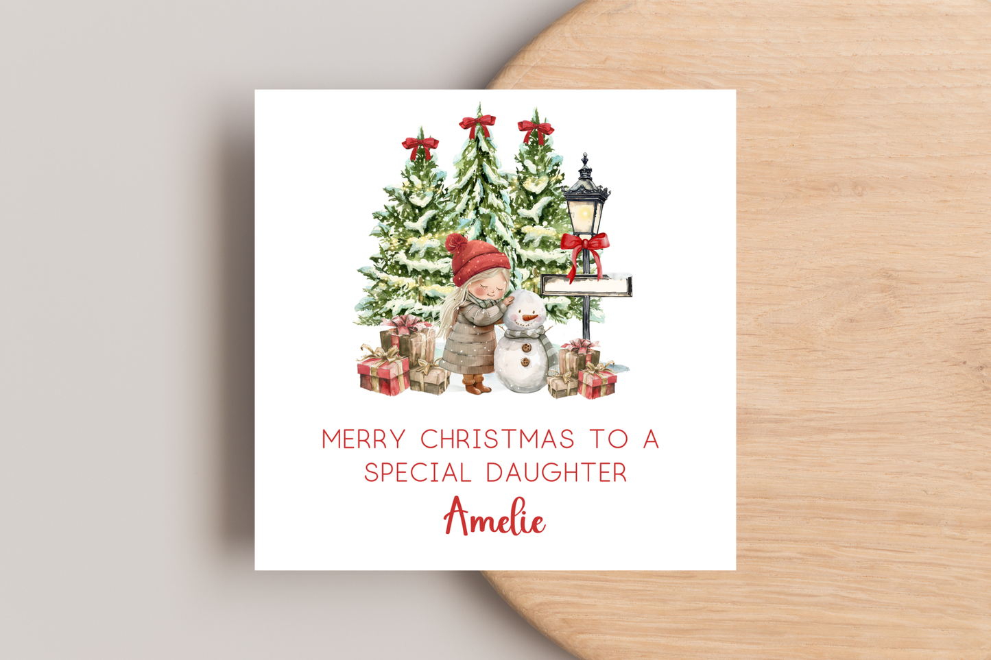 Personalised Snowman Building Little Girl Christmas Card