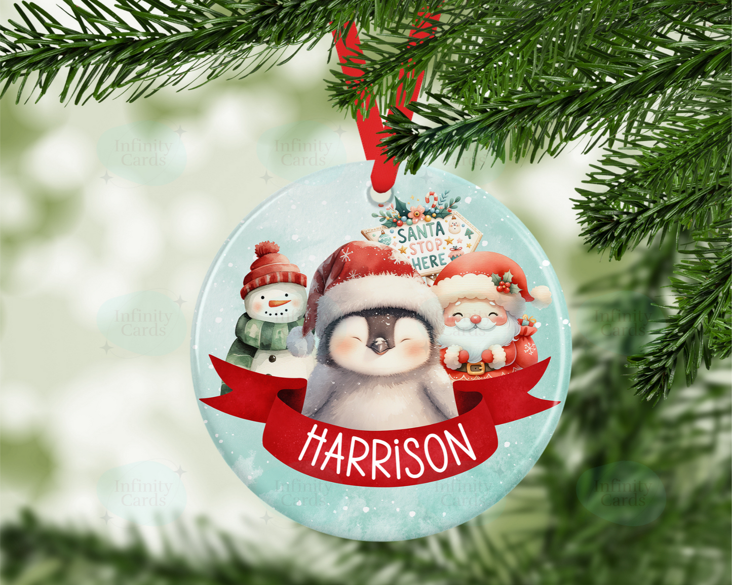 Personalised Penguin and Friends Santa Stop Here Christmas Tree Decoration