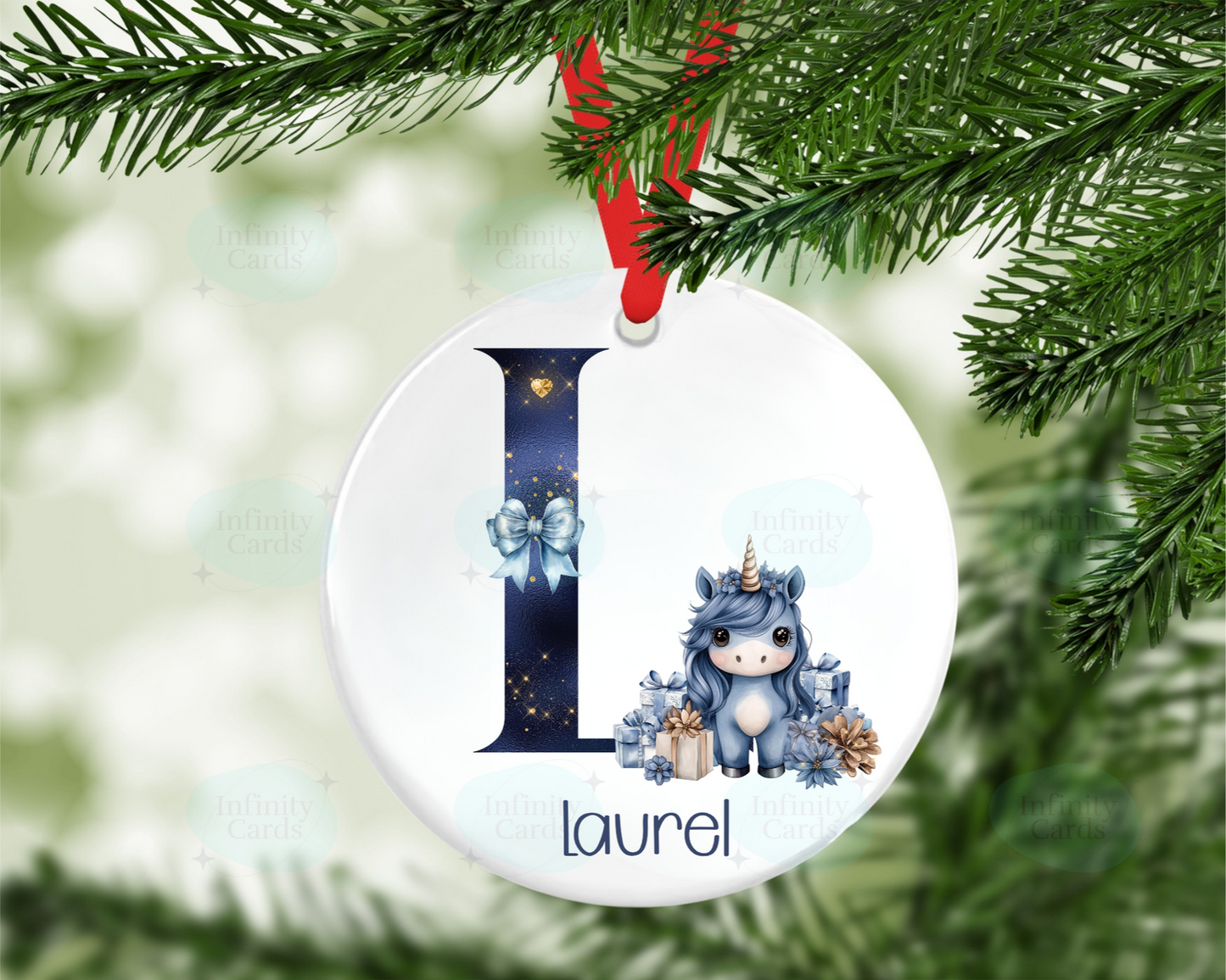 Personalised Blue Unicorn Initial Tree Decoration
