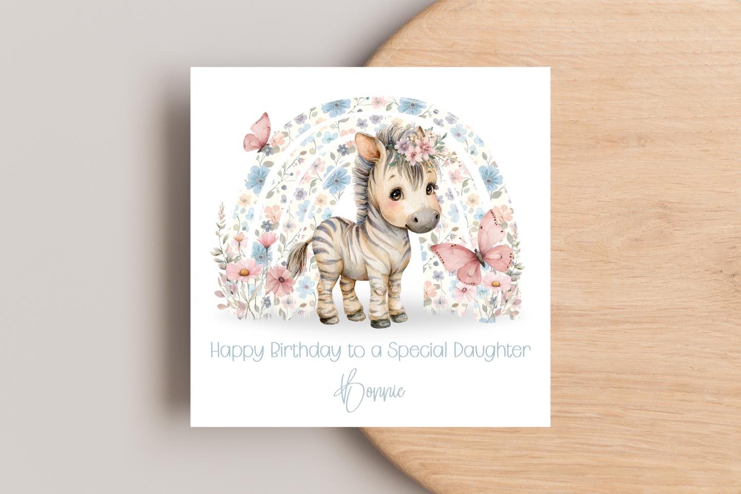Personalised Zebra Floral Rainbow Birthday Card