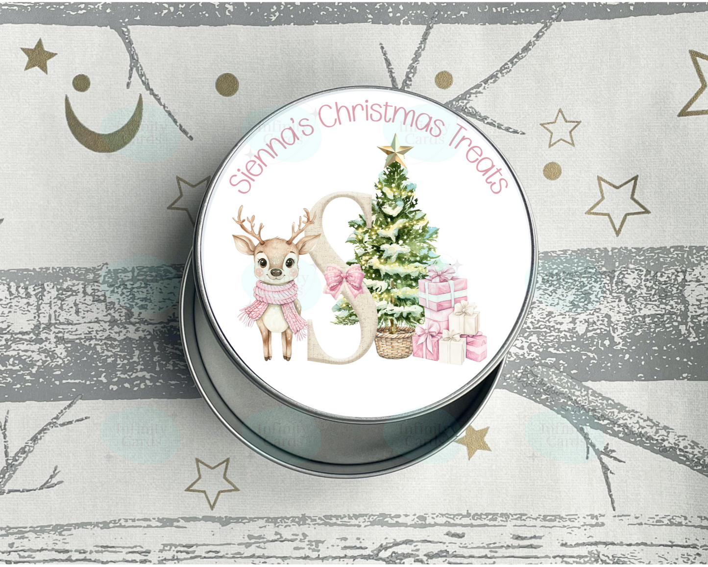 Personalised Pink Reindeer Initial Christmas Treat Tin