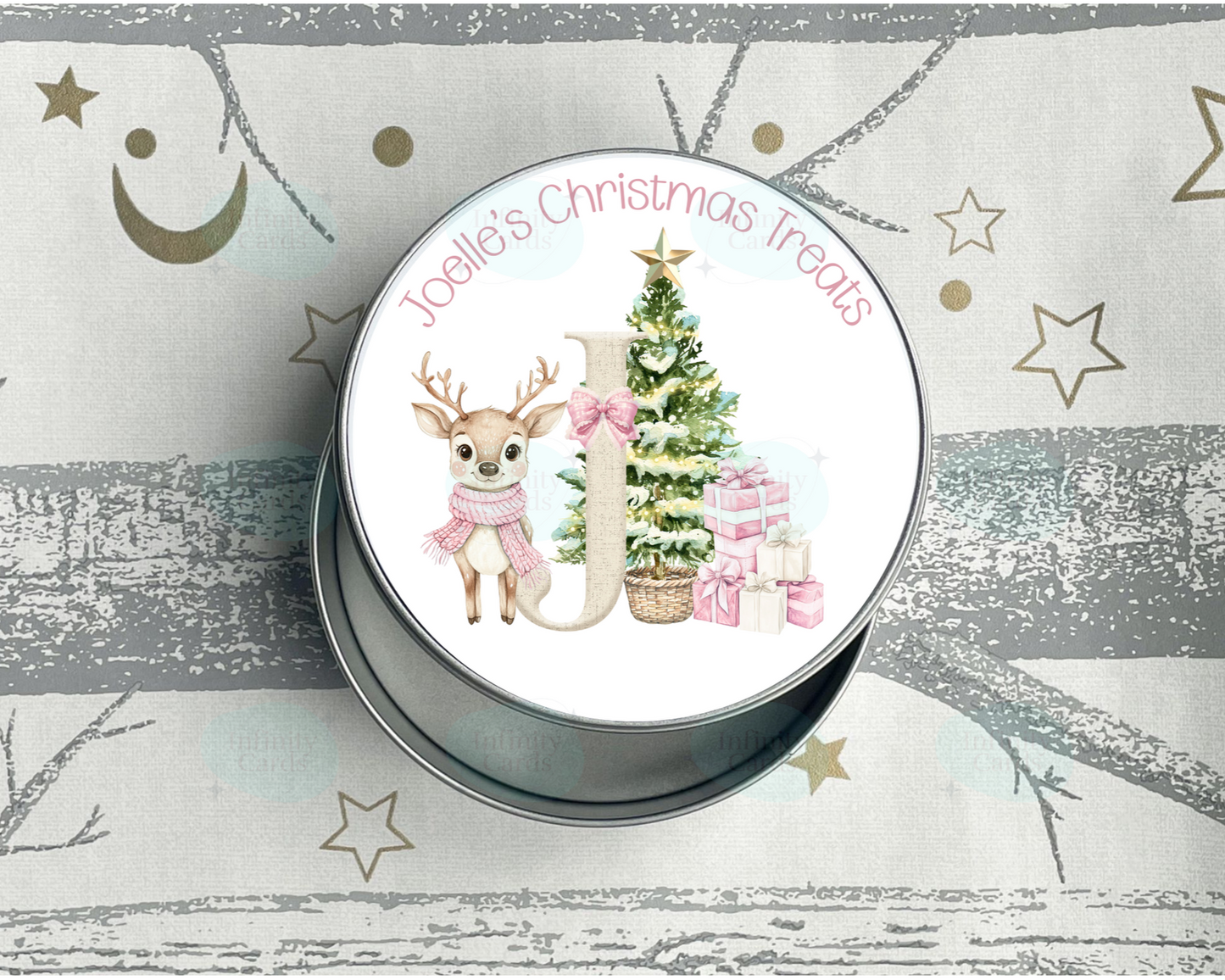 Personalised Pink Reindeer Initial Christmas Treat Tin