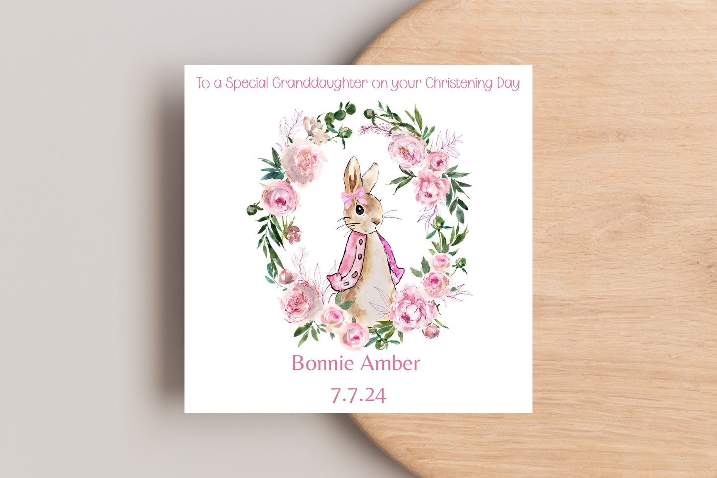 Personalised Peter Rabbit Flopsy Pink Christening Card