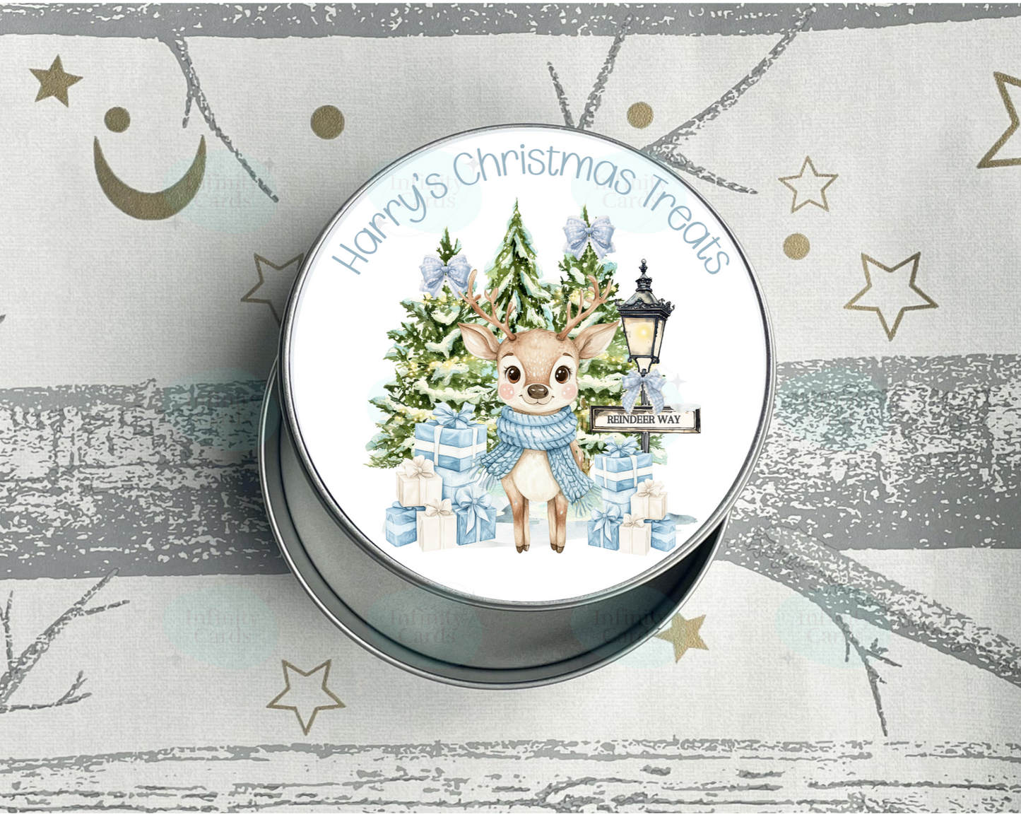 Personalised Reindeer Christmas Treats Round Tin