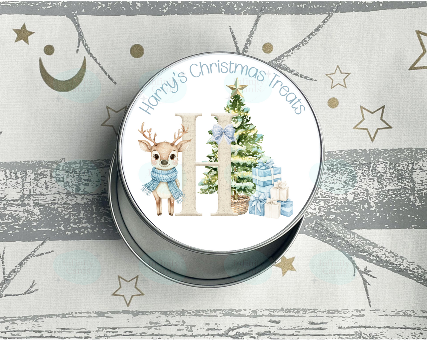 Personalised Blue Reindeer Initial Christmas Treat Tin