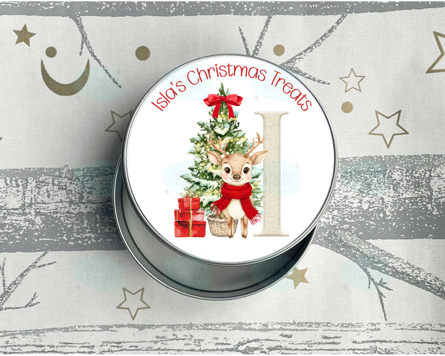 Personalised Red Reindeer Initial Christmas Treat Tin