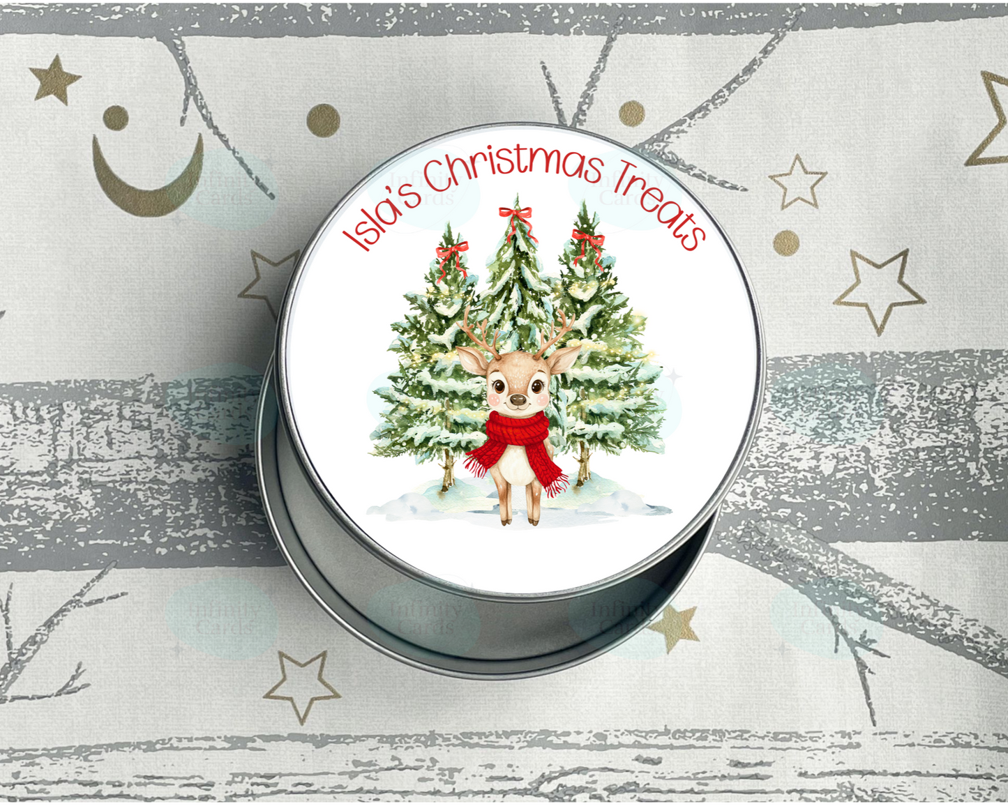Personalised Reindeer Christmas Treats Round Tin