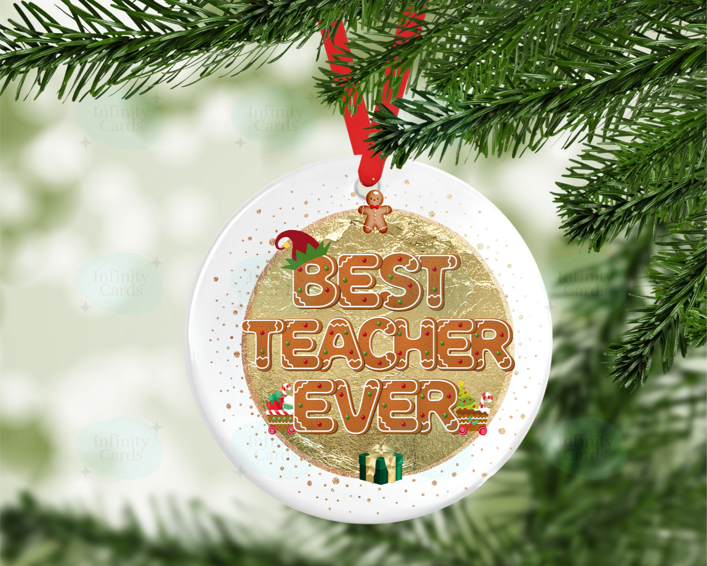 Christmas ornament with 'Best Teacher Ever' text hanging on a tree.