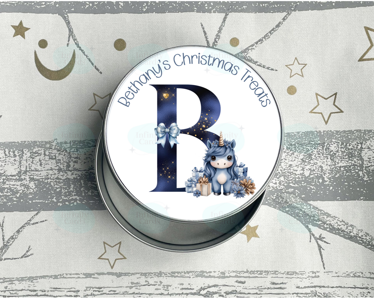 Personalised Unicorn Initial Christmas Treat Tin