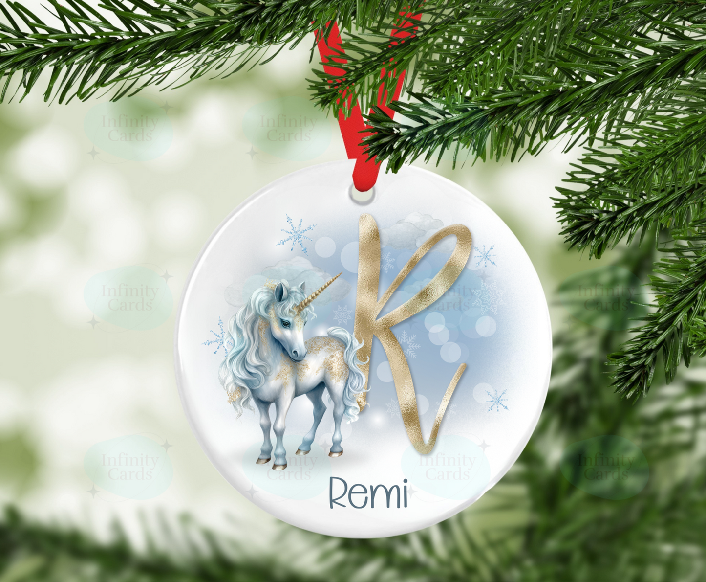 Personalised Blue and Gold Unicorn Initial Tree Decoration
