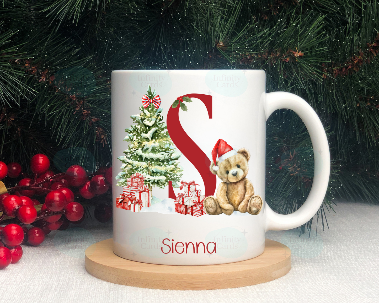 Personalised Teddy Bear Initial Christmas Mug