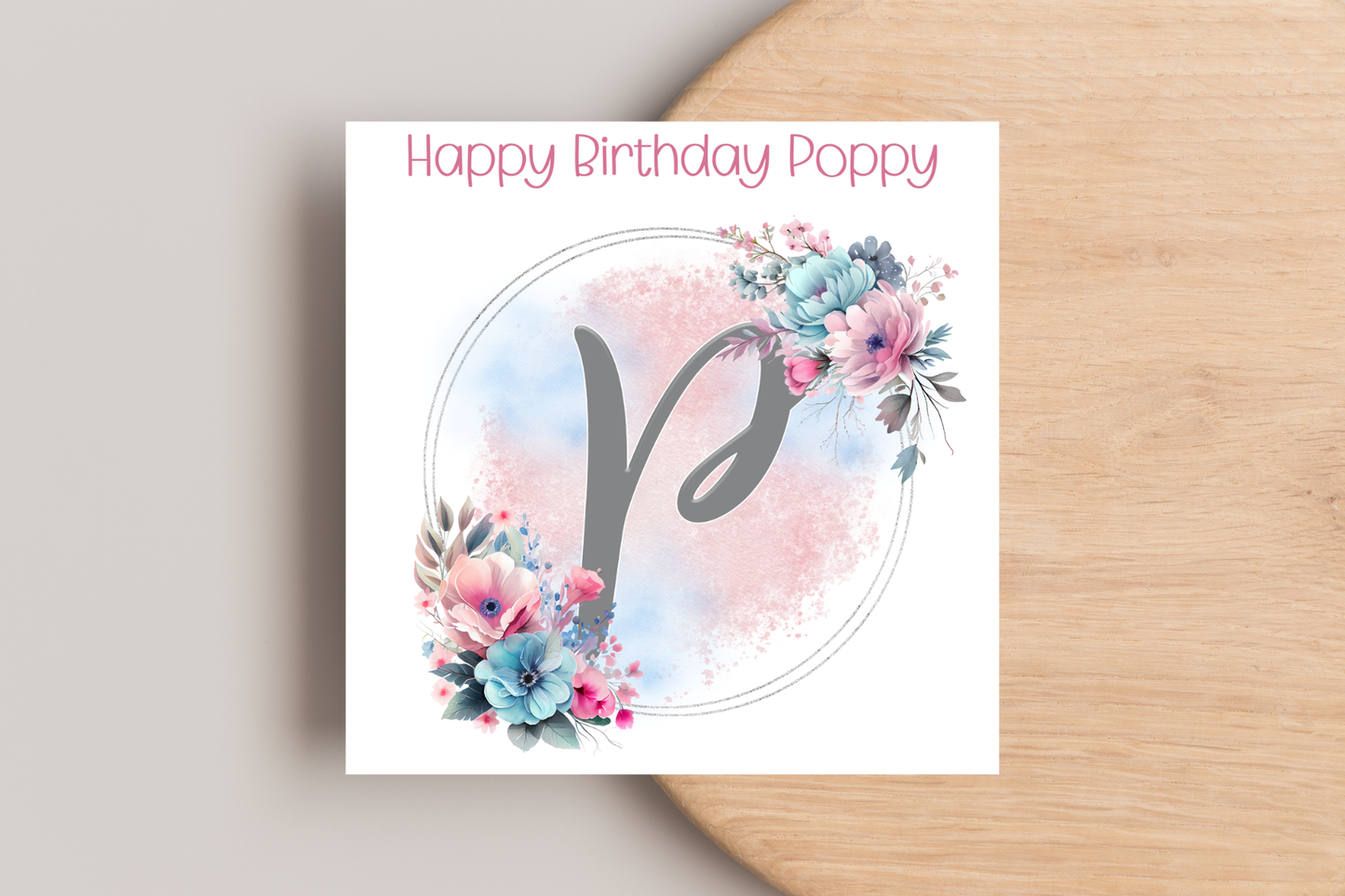 Personalised Pink and Blue Floral Initial Birthday Card