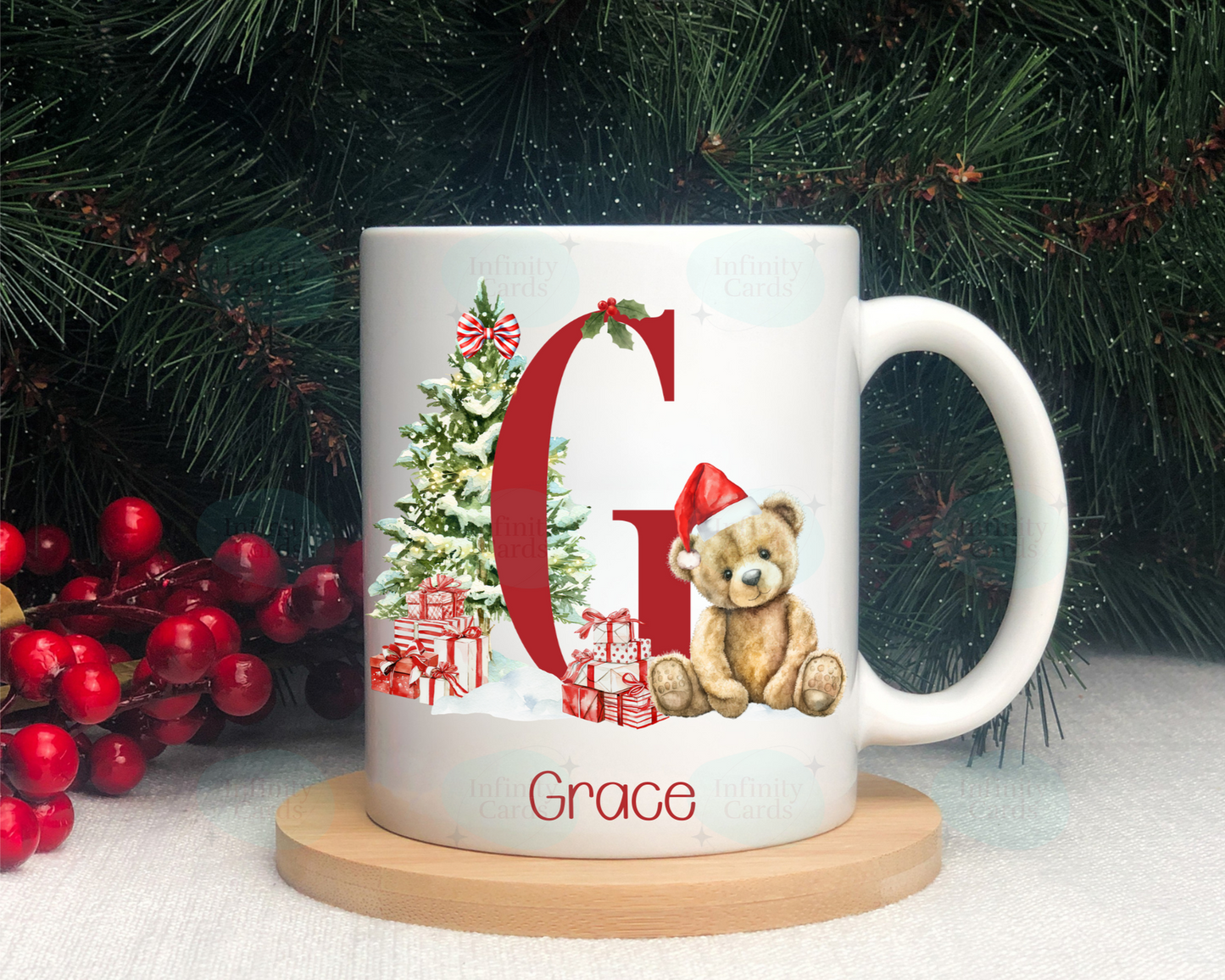 Personalised Teddy Bear Initial Christmas Mug