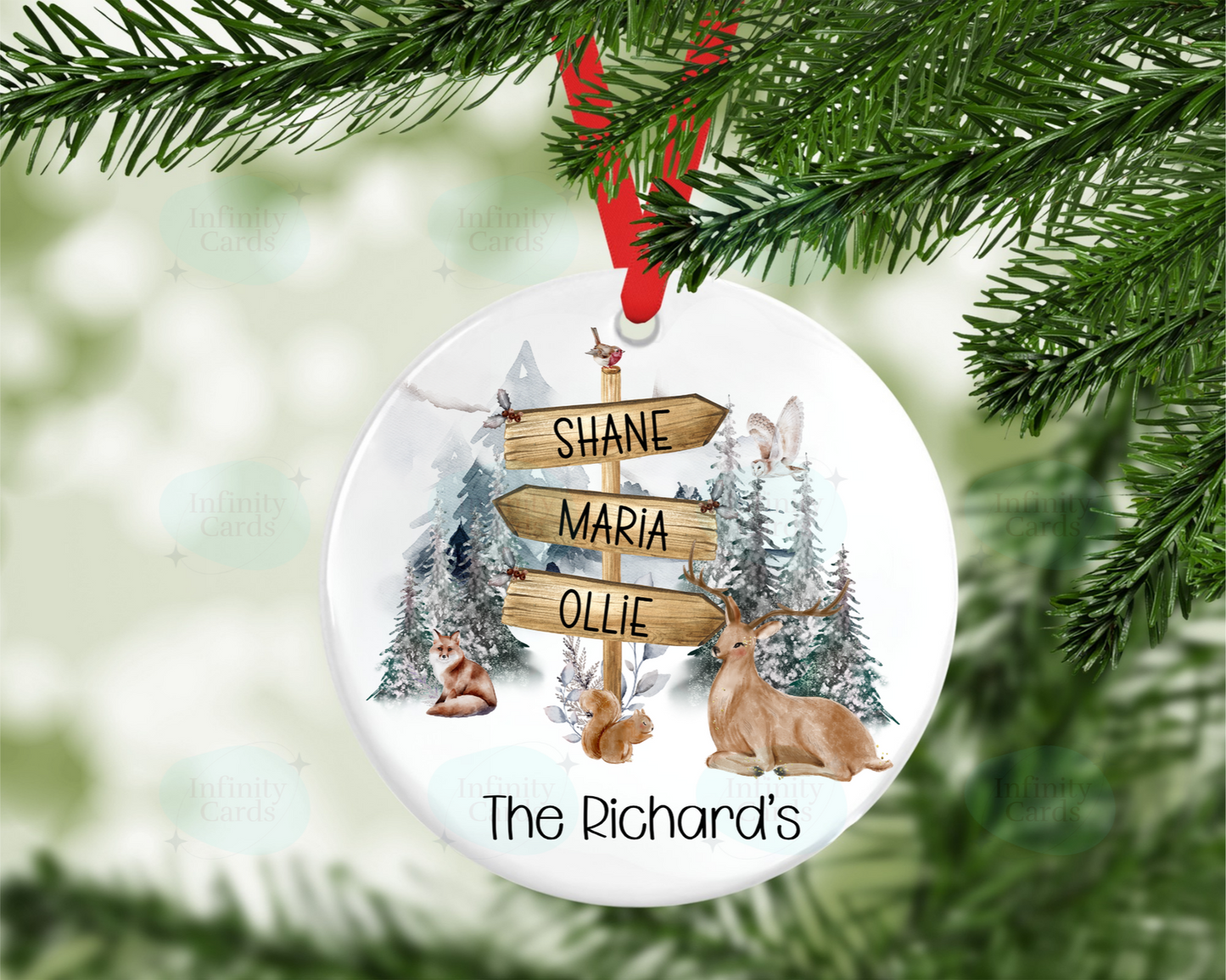 Personalised Winter Scene Sign Post Family Christmas Tree Decoration