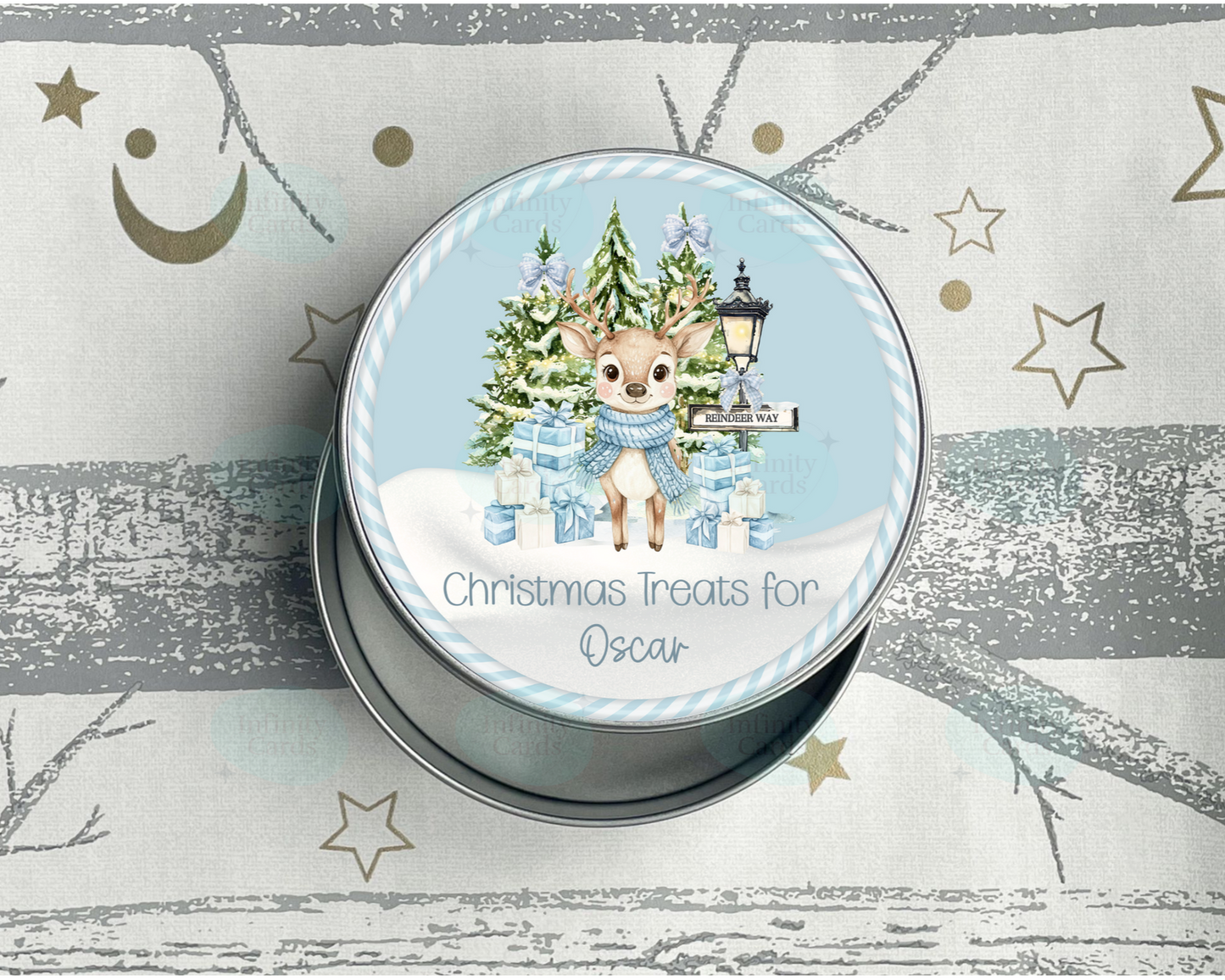 Personalised Reindeer Christmas Treats Round Tin