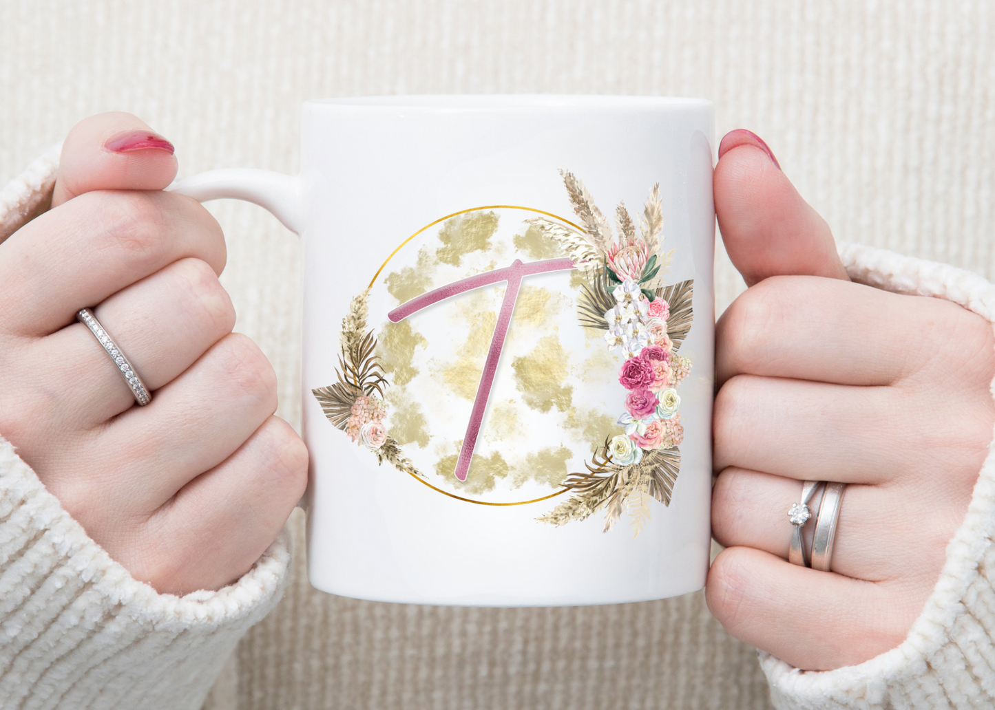 Personalised Gold and Pink Floral Initial Mug