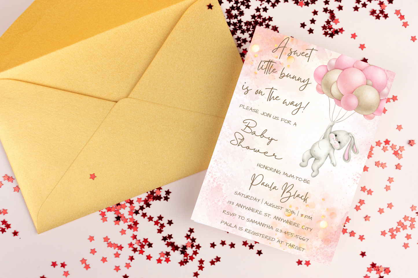Editable Pink or Blue Bunny Baby Shower Invitation