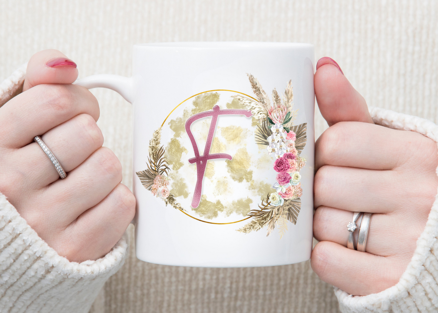 Personalised Gold and Pink Floral Initial Mug
