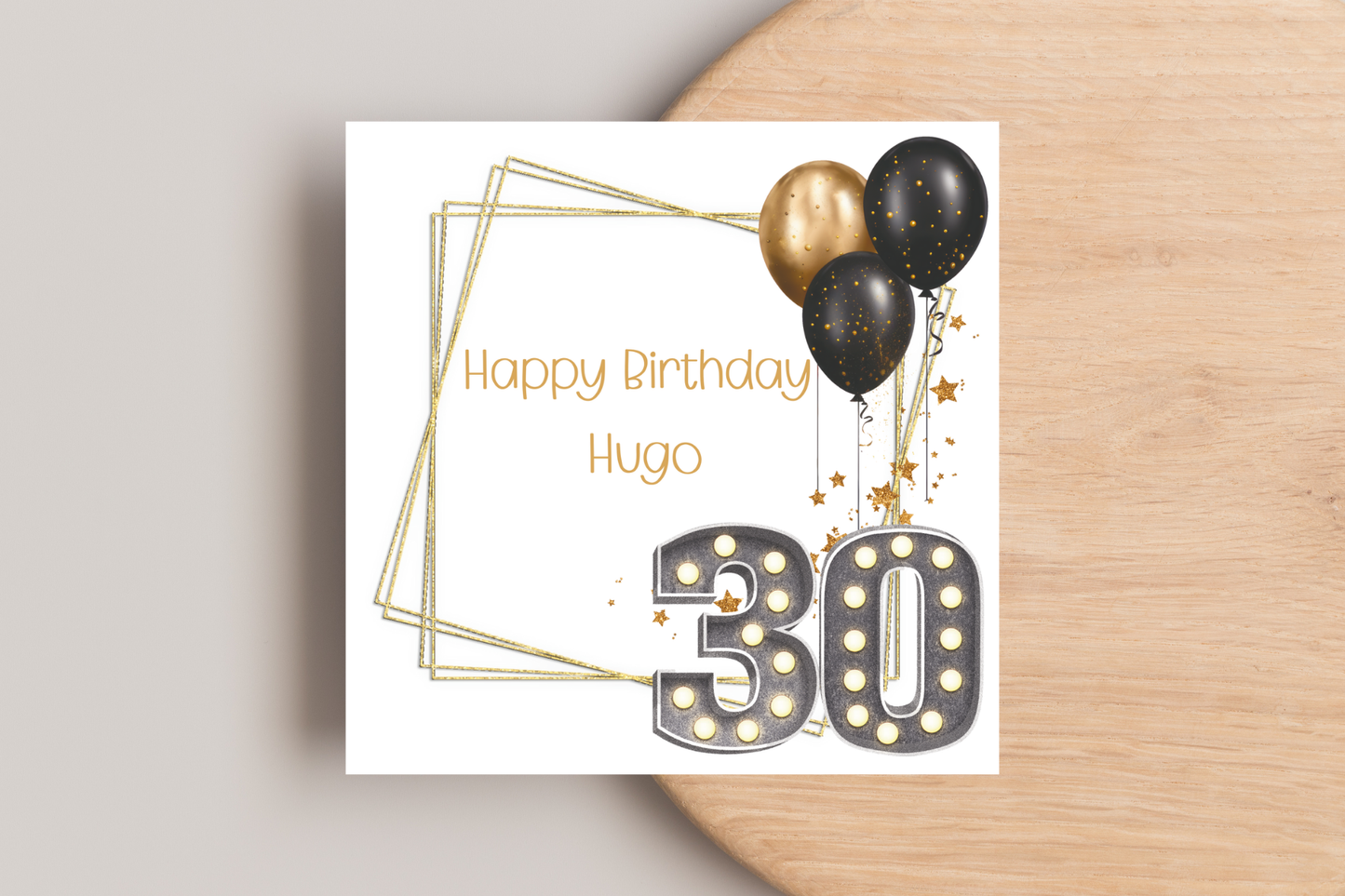 Personalised Black and Gold 30th Birthday Card