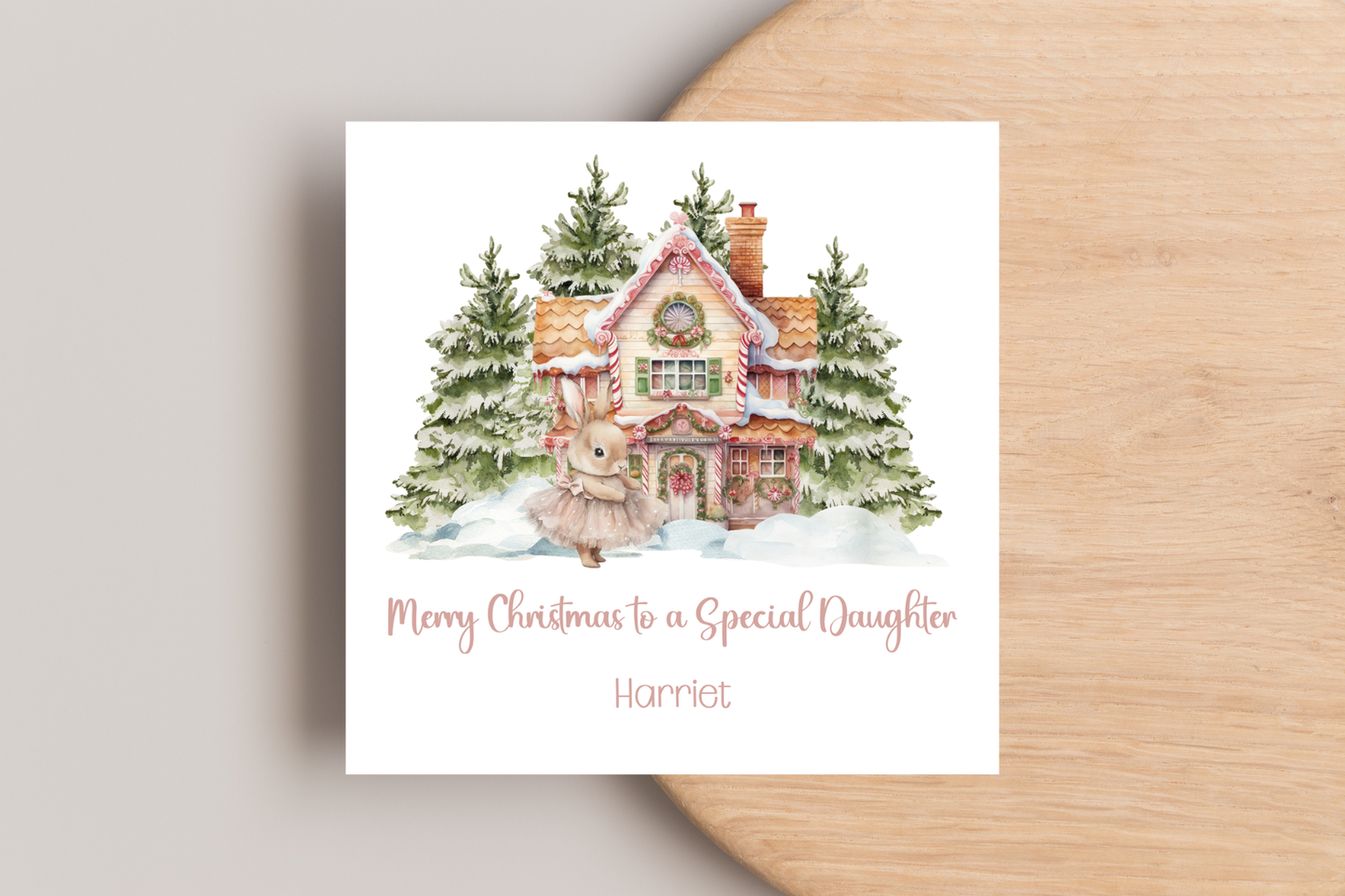 Personalised Pink Bunny Christmas Scene Christmas Card