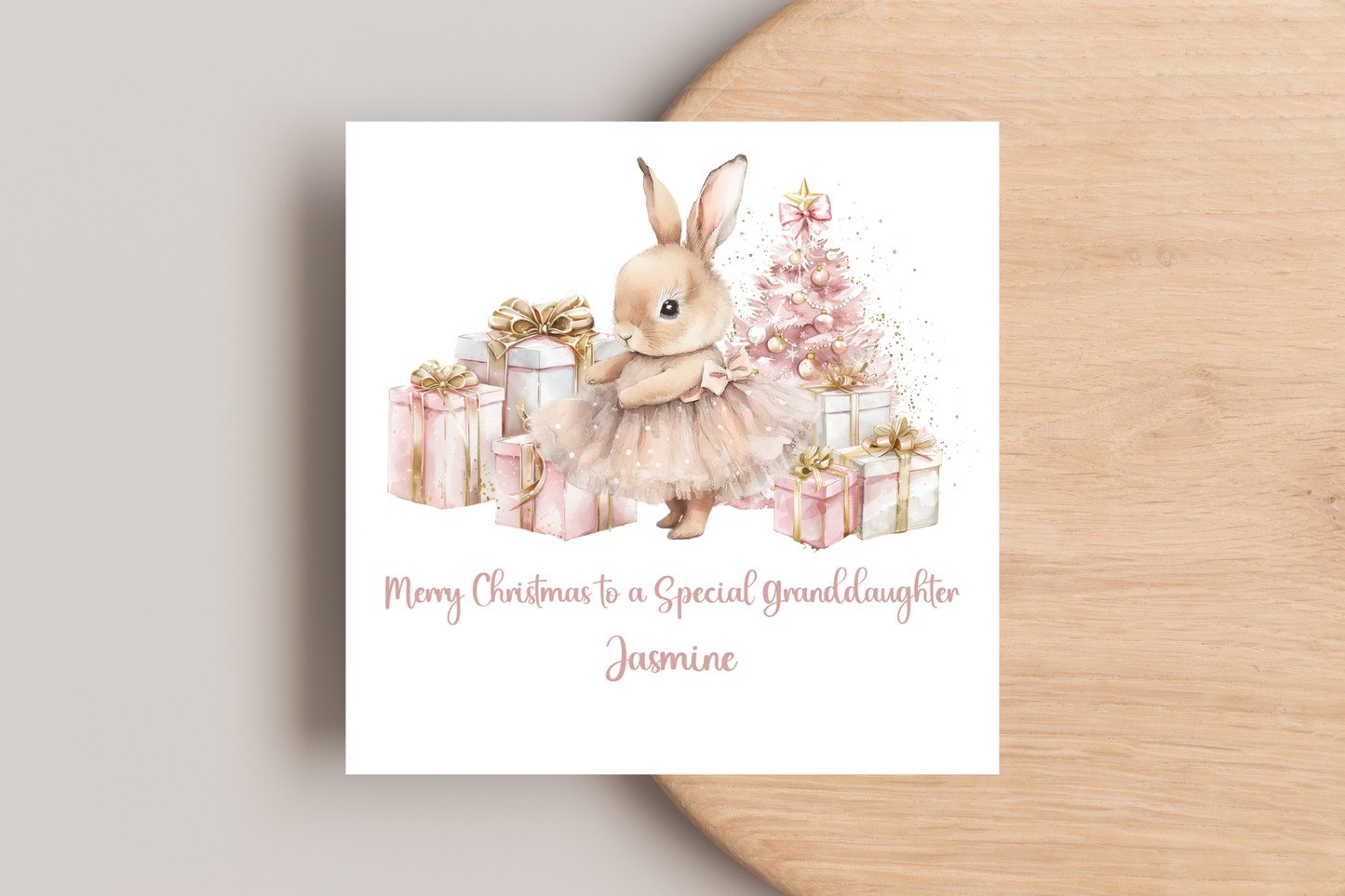 Personalised Pink Bunny Christmas Scene Christmas Card
