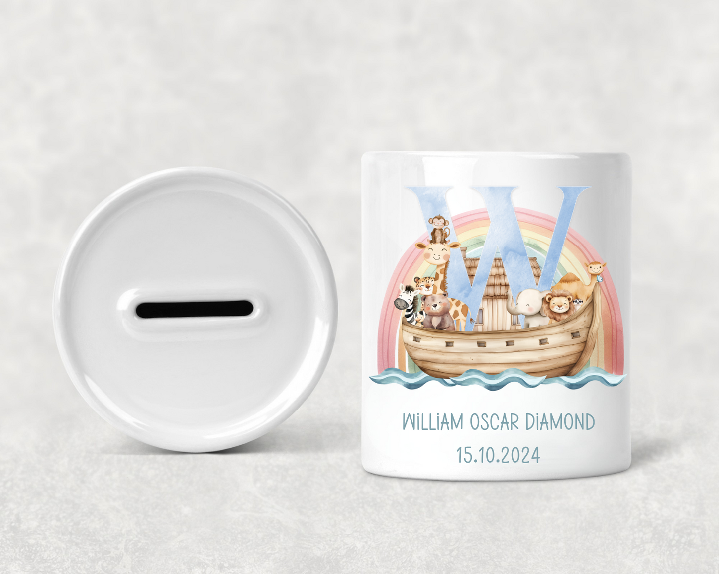 Personalised Blue Noahs Ark Money Box